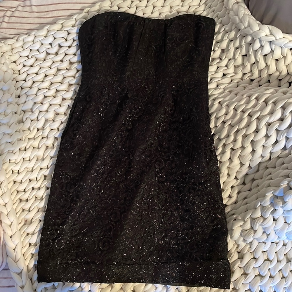 Strapless, sparkly black jacquard J. Crew Factory cocktail dress